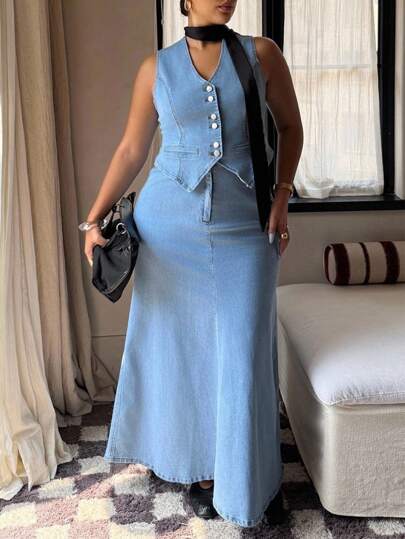 Dripcurv مجموعة ملابس علوية وتنورة جينز للمرأة البدينة، ملابس علوية كم بلا أكمام وتنورة جينز ذات خصر عالي وساق واسعة بطراز "Old Money"، ملابس نسائية للأعمال الرسمية الكاجوال للربيع/الخريف، ملابس صيفية أنيقة للعطلات والرحلات الرومانسية، ملابس علوية بدون أكمام وتنورة جينز كاجوال مناسبة للعمل والتنقل في الخريف