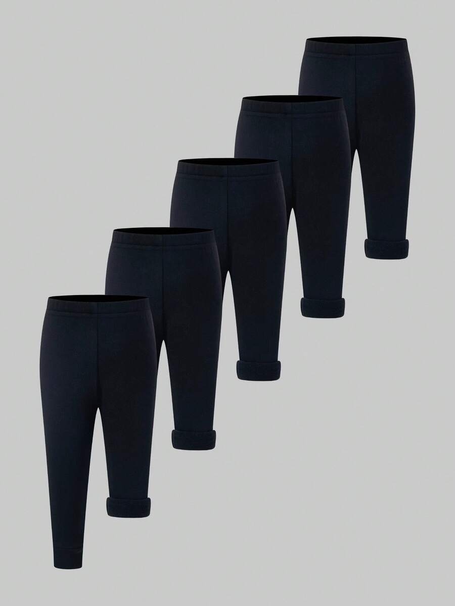 SHEIN 5 pièces Pack Leggings de couleur unie épais et thermiques pour bébés garçons, haute élasticité, doux et confortable, tout-aller, convient pour la maison et l'extérieur, automne/hiver - Noir - Voir 1