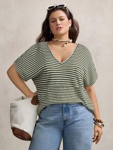Zelara 大码女式条纹V领露肩袖休闲T恤 波西米亚风夏季复古风 适合春假、锐舞音乐节等场合 - 橄欖綠 - 查看 4