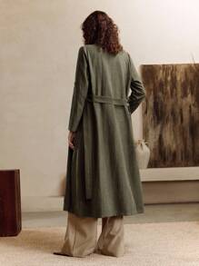 EMERY ROSE 女式 V 领系带腰部金属扣翻领优雅长袖超长连衣裙风衣外套 - 綠色 - 查看 4