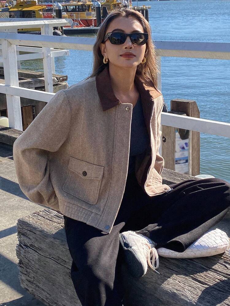 Women's Casual Patchwork Contrast Color Collar Jacket Fall,Winter Women Coats