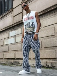 PAVTROS Manfinity Streetrush Men's Jacquard Straight Leg Flare Wide Leg Jeans