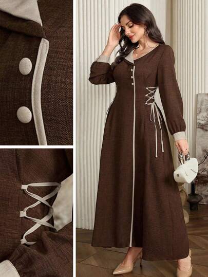 Modelyn 大码撞色饰边抽绳腰连衣裙