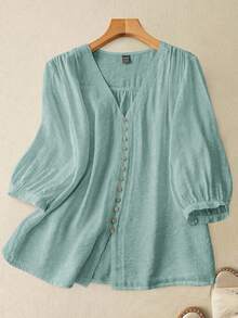 SHEIN Clasi 女式纽扣前褶肩中袖衬衫