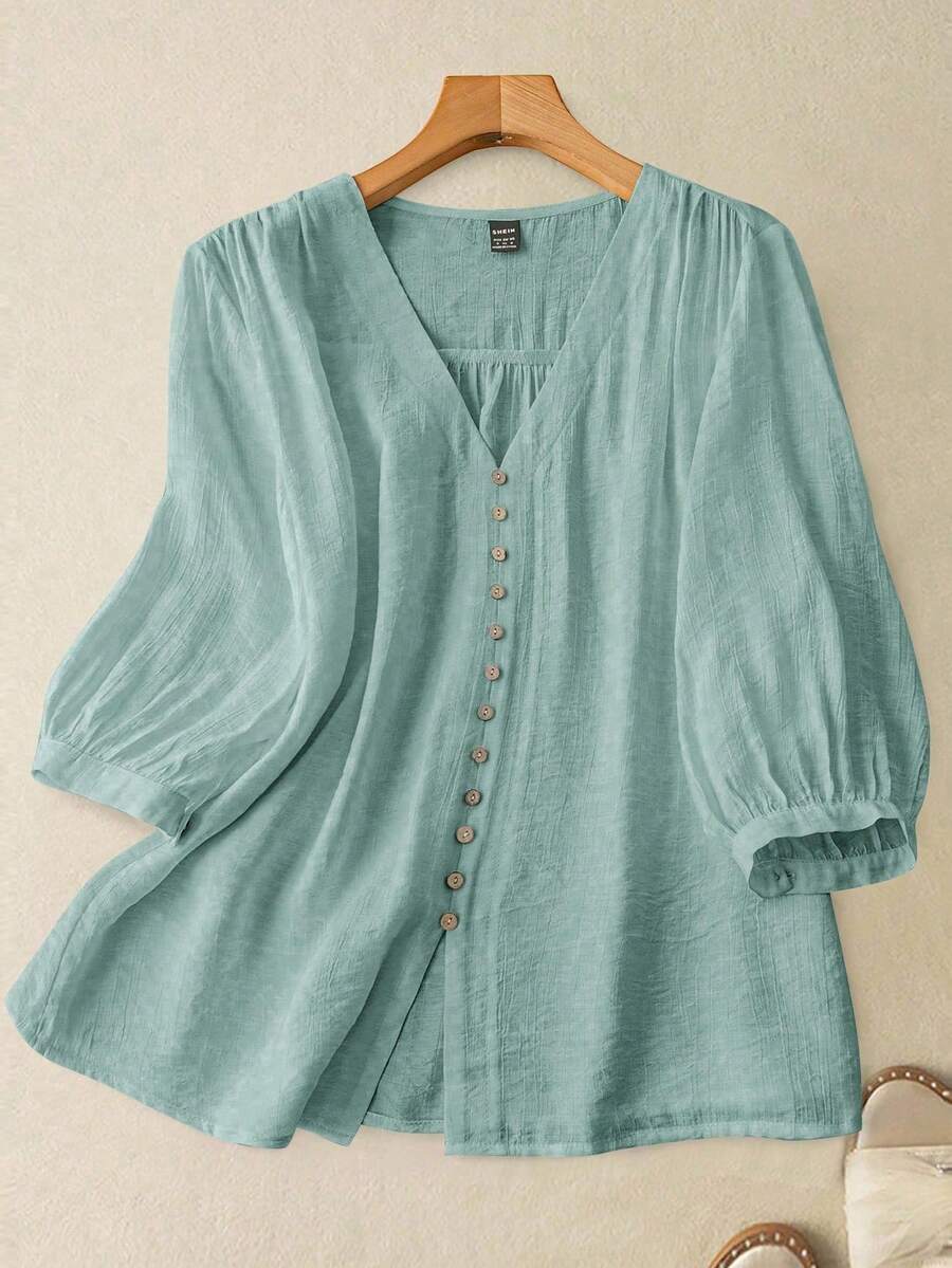 SHEIN Clasi 女式纽扣前褶肩中袖衬衫