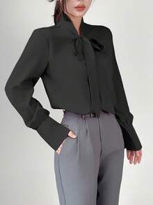 Uhlyne 纯色优雅长袖纽扣衬衫，长袖上衣 - 黑色 - 查看 6