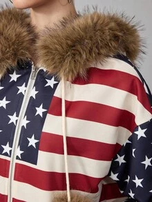 ROMWE Avant Y2K 街头时尚美国国旗连帽宽松运动衫 女士运动衫 - 杏色 - 查看 4