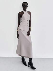 Lumivelle Light Grey,Summer,Elegant,Party Night French Halter Sleeveless Fitted Vest & A-Line Skirt 2 Pieces Set,Linen-Like Old Money Retro Commute Casual Set - Light Grey - View 3