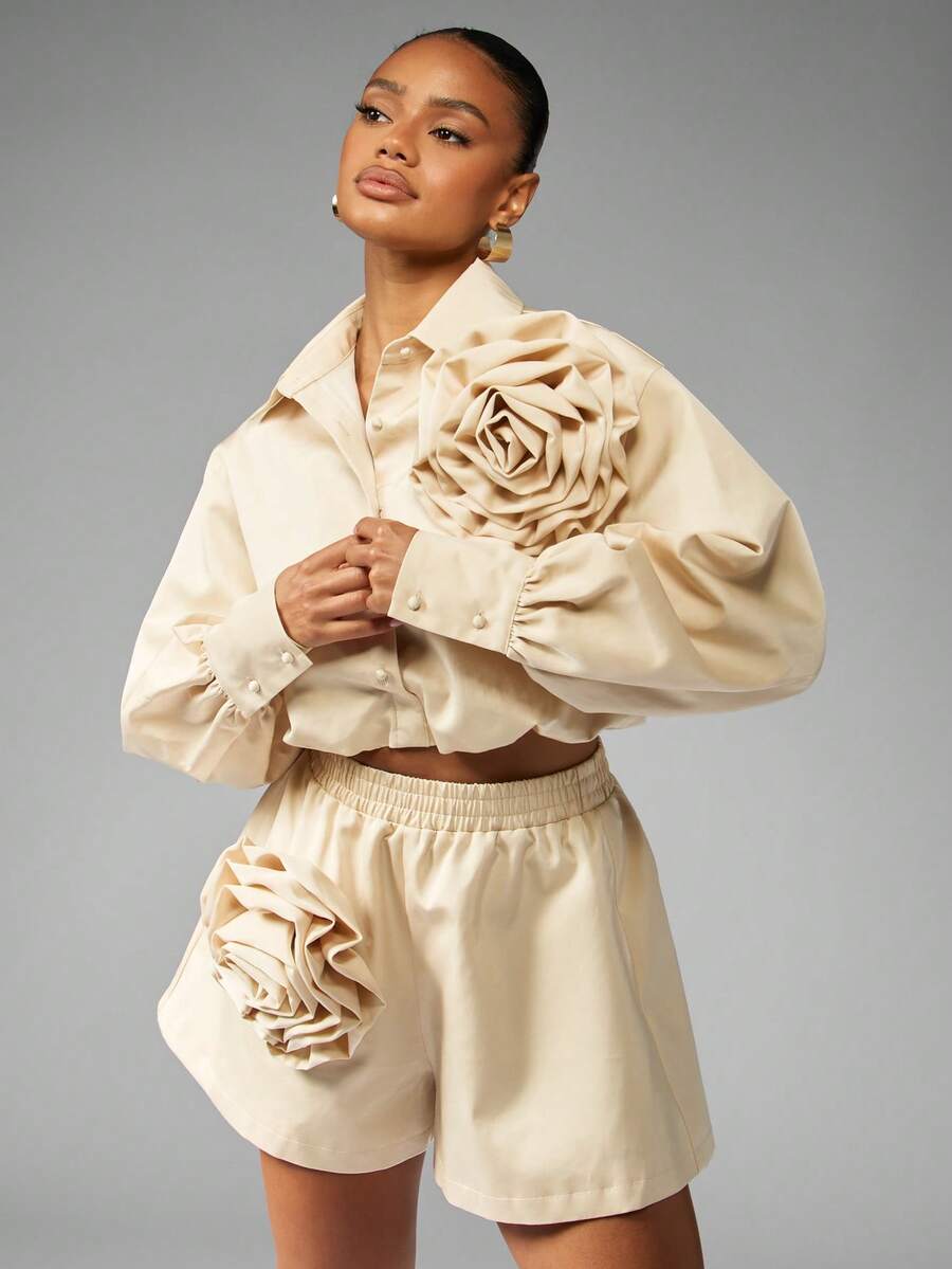 MISSGUIDED Crop Fit Elegant Ruffled Rose Applique Two Piece Outfit Button Down Shirt Shorts Set Unique Fashion Statement Piece Evening Party Cocktail Summer Coordinates Collection