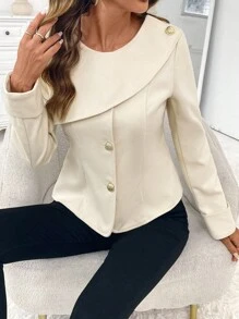 Elenzga Beige French Arc Shawl Collar Fitted Women Overcoat Fall Winter Cloth For Women - White - View 3