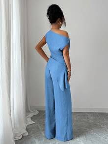 Elenzga Summer New Korean 2 Pieces Set For Women, Suitable For Travel And Photography, Featuring Gorgeous Deep Sea Blue Asymmetric Shoulder Top And High-Waisted Casual Pants