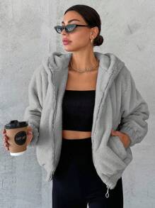 EURMUSE Slant Pockets Drop Shoulder Drawstring Hem Hooded Teddy Jacket Streetwear - Light Grey - View 5
