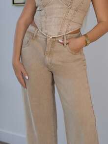 Cioccolato 水洗低腰宽松牛仔裤，90 年代春季 Y2K 休闲风，夏季狂欢音乐会假日风 - 卡其色 - 查看 4