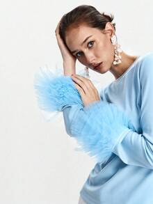 Lumivelle Camiseta corta de mujer para primavera/otoño/invierno, de punto elástico, con puños de malla bordada, de unicolor, ajustada, de cuello redondo, de manga larga, con espalda descubierta, puños exagerados, volantes en los puños, adecuada para banquetes, fiestas de noche, elegante, sexy, romántica, minimalista, casual