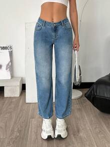 SHEIN Cottnline بنطلون جينز متوسط الخصر مستقيم الساق بجيوب مائلة، كاجوال - أزرق متوسط - مشاهدة 4