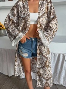 SHEIN Cottnline Women, Spring, Summer, Kimono, All Over Print, Long Sleeve, Loose Fit, Tassel - Multicolor - View 7