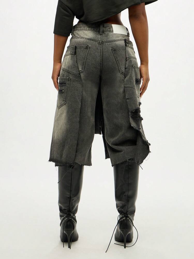 SUMWON WOMEN Bermudas vaqueras desgastadas con cintura doble y dobladillo sin rematar