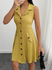 EURMUSE 女式小号纽扣前无袖迷你衬衫裙 - 芥末黃 - 查看 6