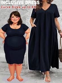 SHEIN CURVE+ Große Größen Lässiges luftiges Damenkleid für Frühling und Sommer mit Taschen