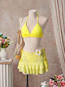 SHEIN Swim 2pcs/Set Women's Sweet Ruffled Bikini & Lace Skirt Beach Vacation Set - Yellow - View 1