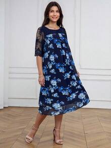 Miaspire Women Floral Print Lace Patchwork Elegant Long Dress Mothers Day Outfit Gift For Mom,Old Money Style Women - Blue - View 6