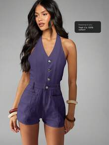 MISSGUIDED Bộ đồ liền thân denim hở cổ lấy cảm hứng từ phong cách cổ điển, cài nút xuyên suốt, trang phục lễ hội mùa hè, kỳ nghỉ có túi phía trước - Màu xanh hải quân - Xem 7