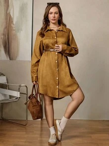 Zelara 大码女装秋冬白色外出口袋连衣裙纯棉衬衫领万圣节冬季仙女裙古着风格女装秋冬装女装服装外出服女长袖秋冬连衣裙 - 棕色 - 查看 5