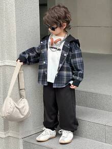 DAZY 2pcs Kids Boys Casual Plaid Hooded Shirt And Sweatpants Set, Loose Fit, Autumn