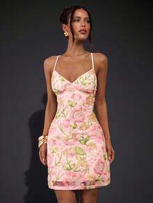 SHEIN BAE 春夏纯粉色重工装饰水钻亮片花卉露背迷你连衣裙，海滩度假连衣裙，性感露背优雅甜美可爱连衣裙，毕业礼服