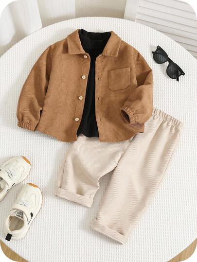 SHEIN 3pcs Baby Boy Autumn/Winter Cute Versatile Corduroy Shirt, Long Knit Top & Pants Set, Suitable For Birthday Party, Evening Party, Performance, Wedding, Baby Shower, Christening, 1st Birthday Celebration Fall Outfit Baby Boy Corduroy Outfit Tan Outfit Corduroy Set