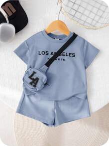 SHEIN 3pcs/Set Babybo Summer Casual Letter Print Short Sleeve T-Shirt, Elastic Waist Shorts, Bonus Crossbody Bag - Blue - View 3