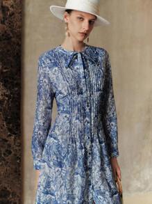 EMERY ROSE Váy Lyocell Linen Ditsy Floral cổ tròn tay dài thắt eo cho nữ - Màu xanh lam - Xem 6