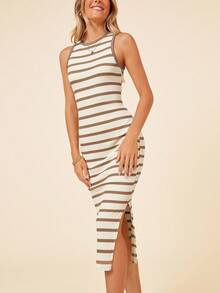 Coeurva Black & White Striped Slim-Fit Side Slit Midi Dress, Casual Summer Holiday/Office Wear - Khaki - View 1