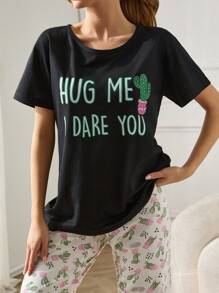 RueChic Women 3 Pcs Contrast Colour Cactus Pattern Homewear PJ Set - Black - View 6