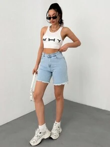 SHEIN Cottnline 女士浅色雪花洗高腰毛边牛仔短裤 - 淺色水洗藍 - 查看 5