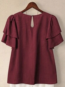 Linhara 大码女式纯色圆领双层袖短袖休闲衬衫，休闲时尚百搭褶皱夏季假日女士衬衫 - 酒紅色 - 查看 2