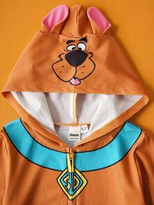 SCOOBY-DOO X SHEIN 小男孩棕色可爱狗狗印花 3D 耳朵连帽衫，适合秋冬季、万圣节、派对和聚会 - 棕色 - 查看 4