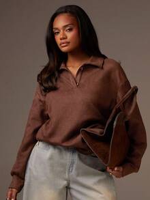 Athîral 女式纯色落肩长袖宽松休闲 Polo 领 T 恤 - 棕色 - 查看 1