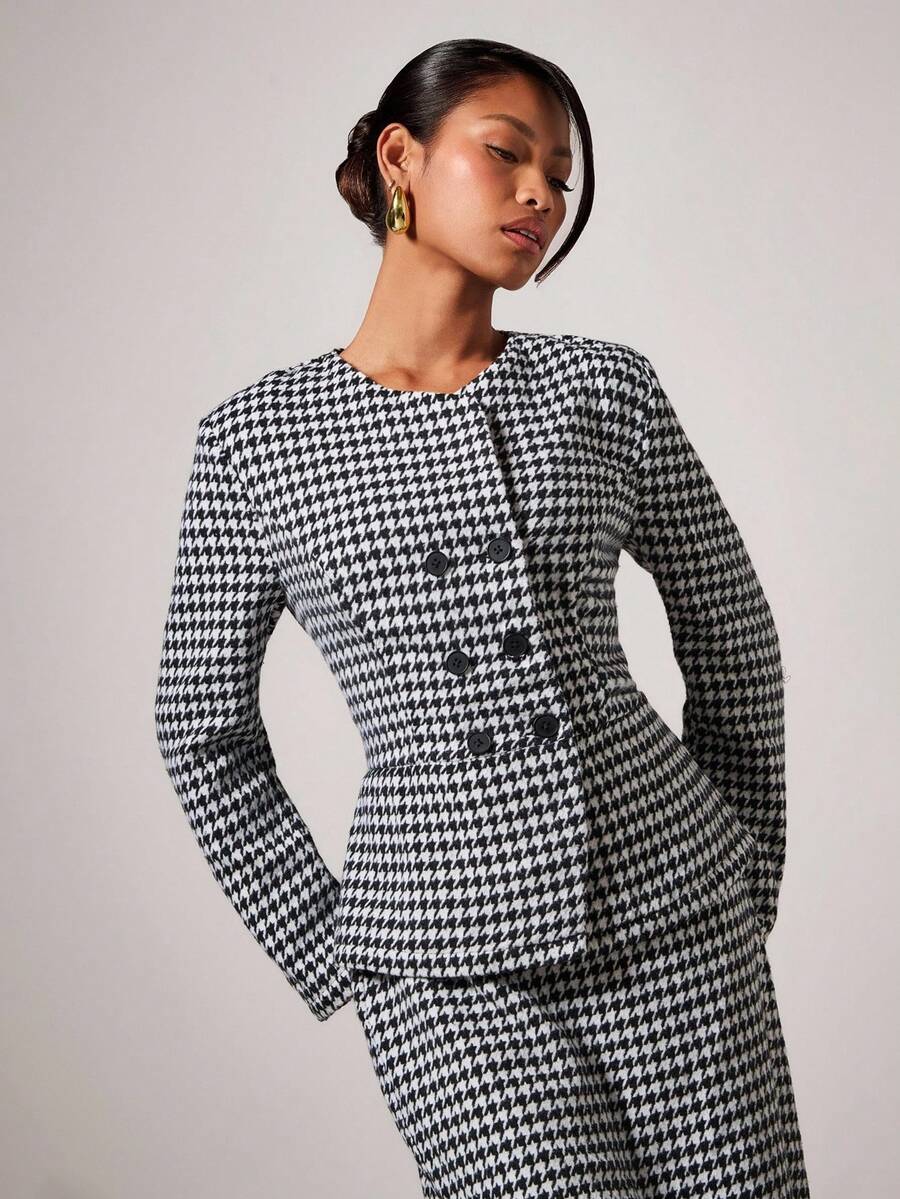 COSMINA 女士优雅格子西装两件套，秋冬 - 黑與白 - 查看 1