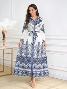 Ellevyn Women's Elegant Vintage Print Belted Shirt Dress