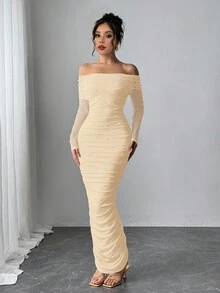 Firerie Đầm Maxi hở vai màu trắng thanh lịch trang trí ngọc trai giả nhún bèo ôm sát lãng mạn cho ngày lễ tình nhân - Màu be - Xem 5