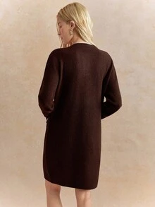 Écloséra 法式复古羊毛混纺宽松圆领长袖针织毛衣裙，咖啡色/白色撞色边饰和金属纽扣，春/秋/冬女装，复古，工作服，办公室装，教师装，返校装，秋季装，商务休闲装，复古风，学院风 - 咖啡棕 - 查看 2