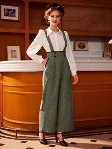 Vintamour 复古优雅女式连体裤双排扣拼色装饰吊带阔腿裤连衣裙女式长裤套装夏季裤子夏季下装乡村演唱会服装女式裤子灰色连体裤灰色裤子春夏装老钱美学秋装教师服 - 軍綠色 - 查看 3