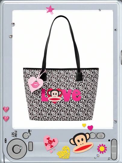Paul Frank X ROMWE Vintage Y2K Leopard Print Commuter Multifunctional Tote Bag For Women