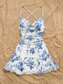 Soleia Vestido mini casual de verano para mujer con estampado floral todo sobre la espalda abierta - Multicolor - Ver 3