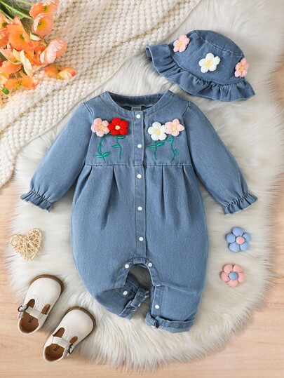 SHEIN 1 件女童/女宝宝休闲蓝色水洗牛仔花卉刺绣长袖连体裤
