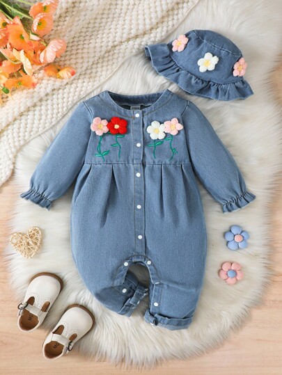 SHEIN 1 件女童/女宝宝休闲蓝色水洗牛仔花卉刺绣长袖连体裤