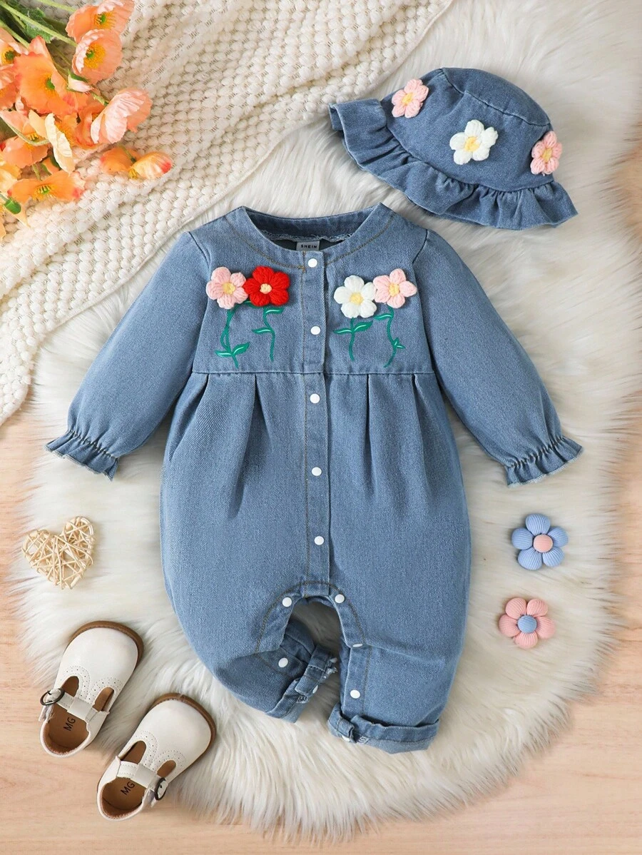 SHEIN 1 件女童/女宝宝休闲蓝色水洗牛仔花卉刺绣长袖连体裤 - 藍色 - 查看 1