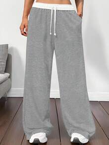 SHEIN Nastolatki dziewczęce szare patchworkowe paski ściągacze luźne szerokie nogawki vintage sportowe college styl casualowe spodnie dresowe