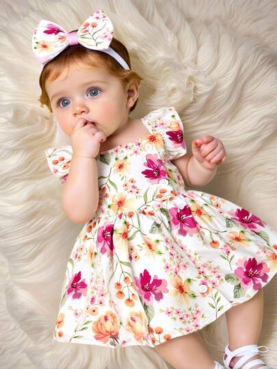 SHEIN Baby Girl 2pcs/Set Summer Dress With Cap Sleeves, Spaghetti Straps, Lovely Watercolor Floral Print And Hairband